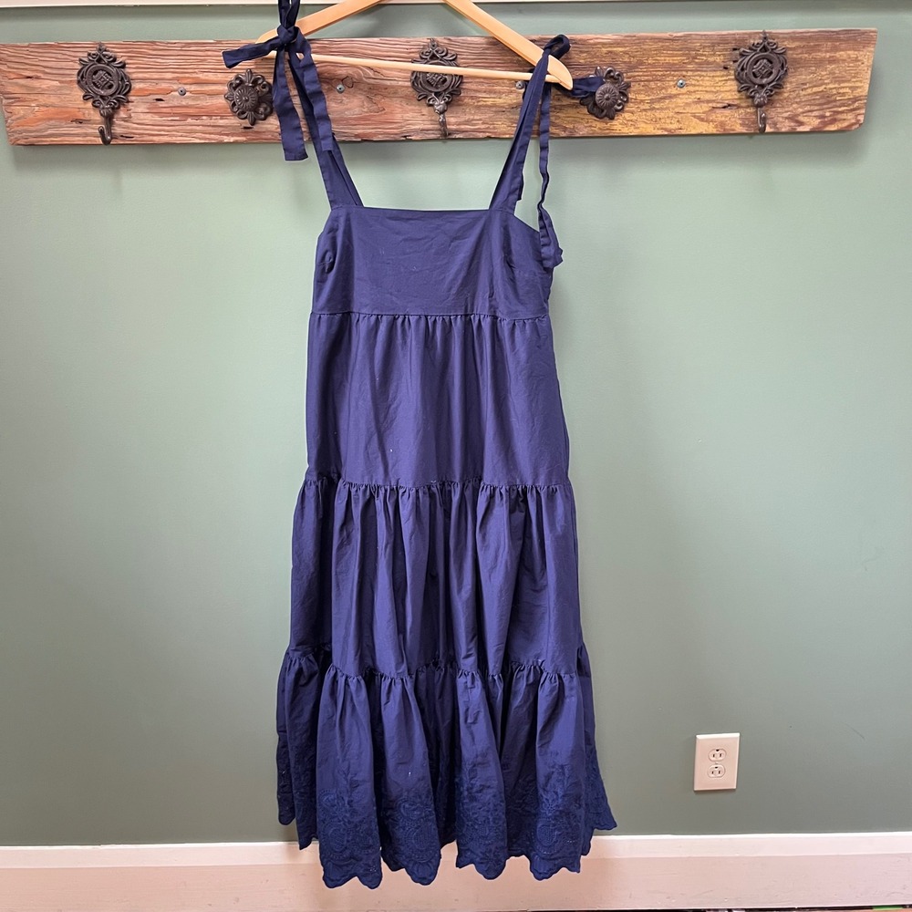 Jason Wu Navy Blue Tiered Eyelet Hem Midi Dress Tie Shoulder Womens Large WT4091